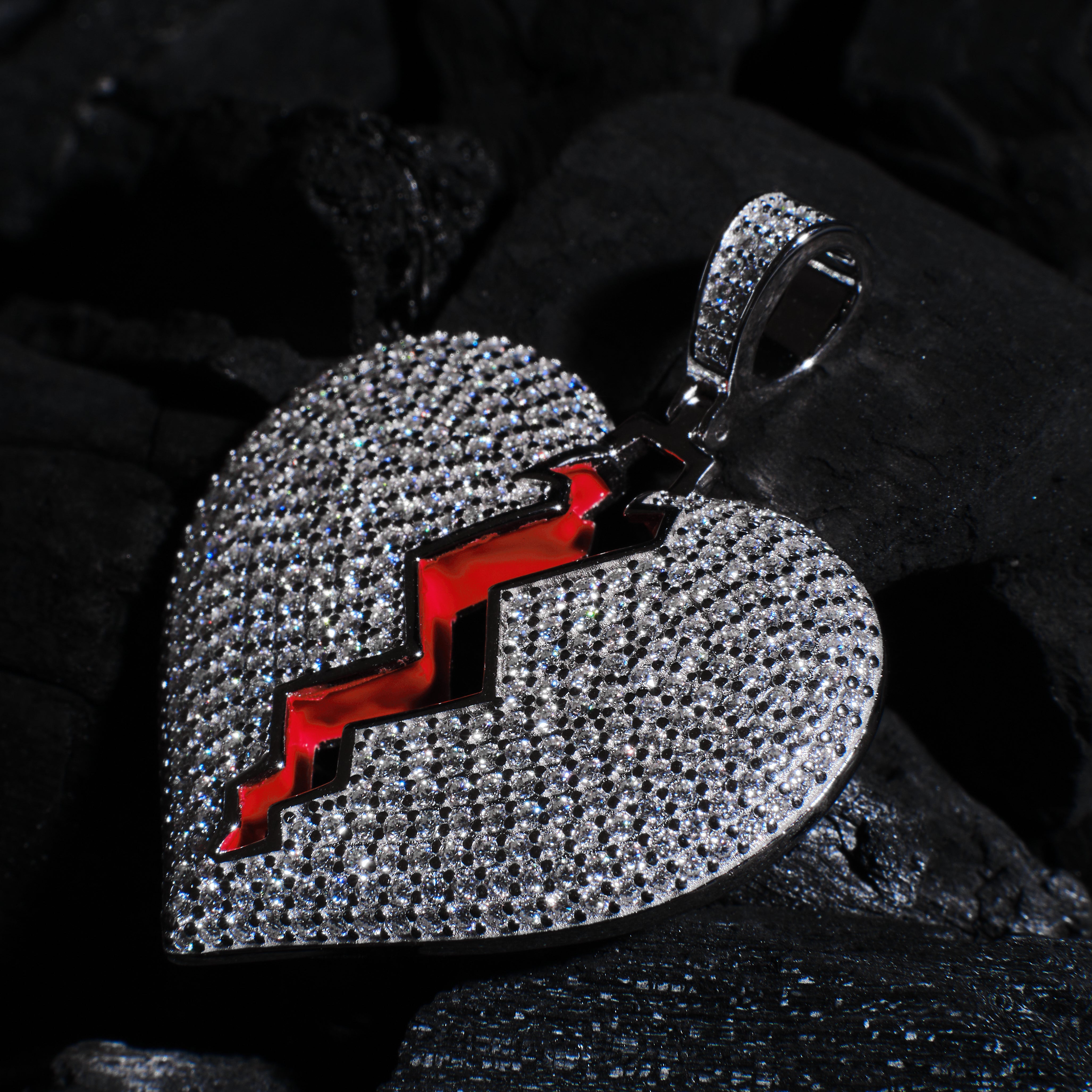 Iced Split Heart Pendant with Red Enamel