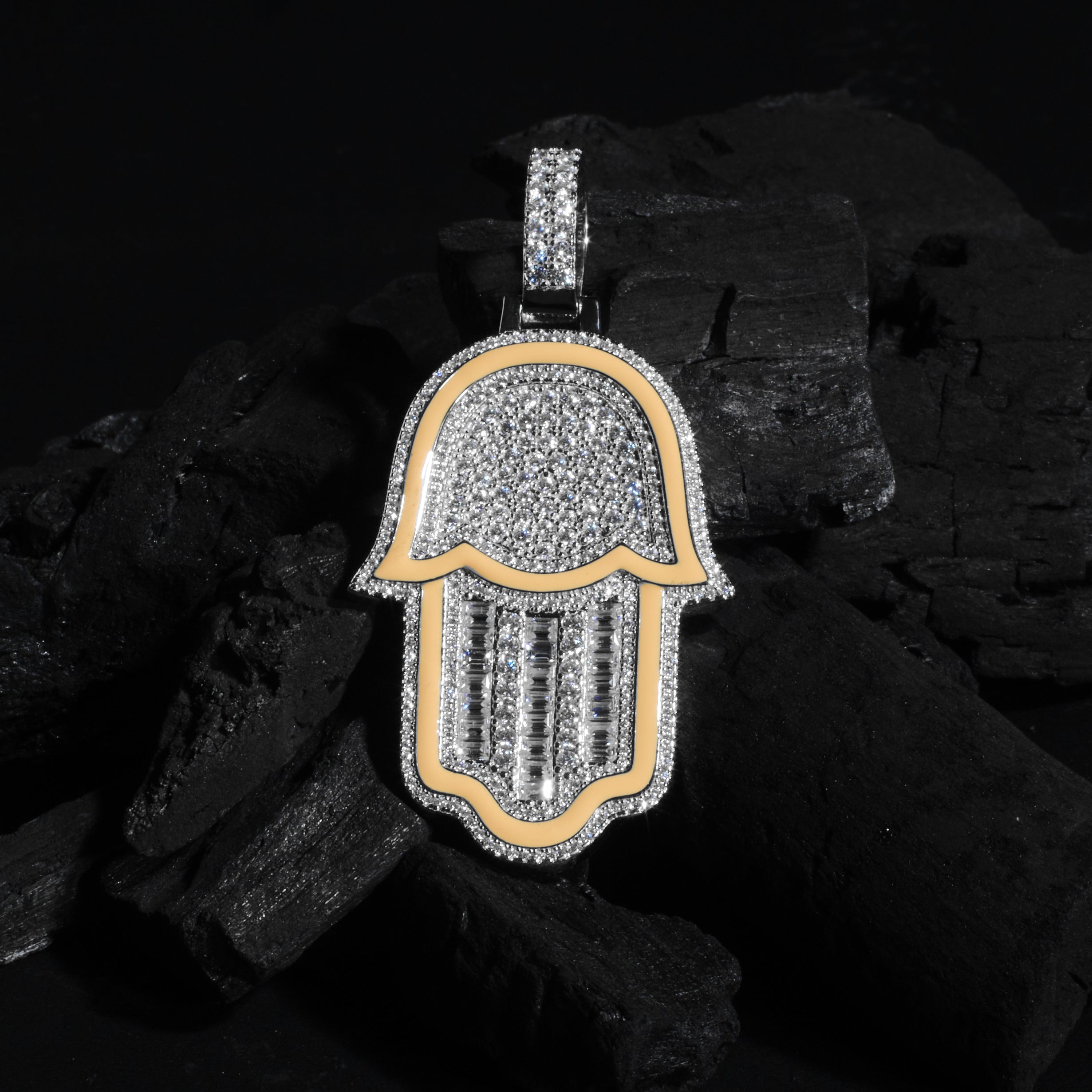 Iced Hamsa Pendant With Yellow Enamel